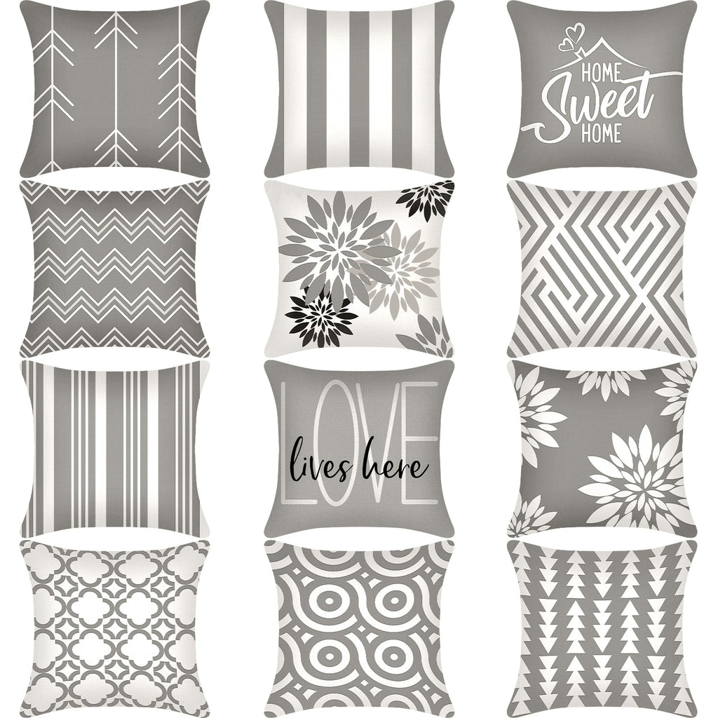 Flutesan 12 Pcs Decorative Throw Pillow Cover 18 x 18 Inch Modern Sofa Pillow case Geometric Floral Linen Square Cushion Covers for Home Living Room Bedroom Couch Chair(Gray)