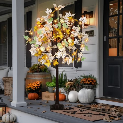 2 Pack Thanksgiving Artificial Lighted Maple Tree, 4 Ft Prelit Fall Decor Maple Tree with 56 LED 3 Foam Pumpkins Plug in Indoor Outdoor Autumn Fall Thanksgiving Decorations
