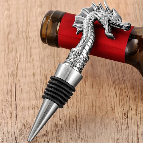 LKKCHER Dragon Head Wine Stopper and Opener - Wine and Champagne Bottle Stoppers, Dragon Fans Gifts for Men, Dad, Birthday, Father's Day, Christmas, Dark Silver