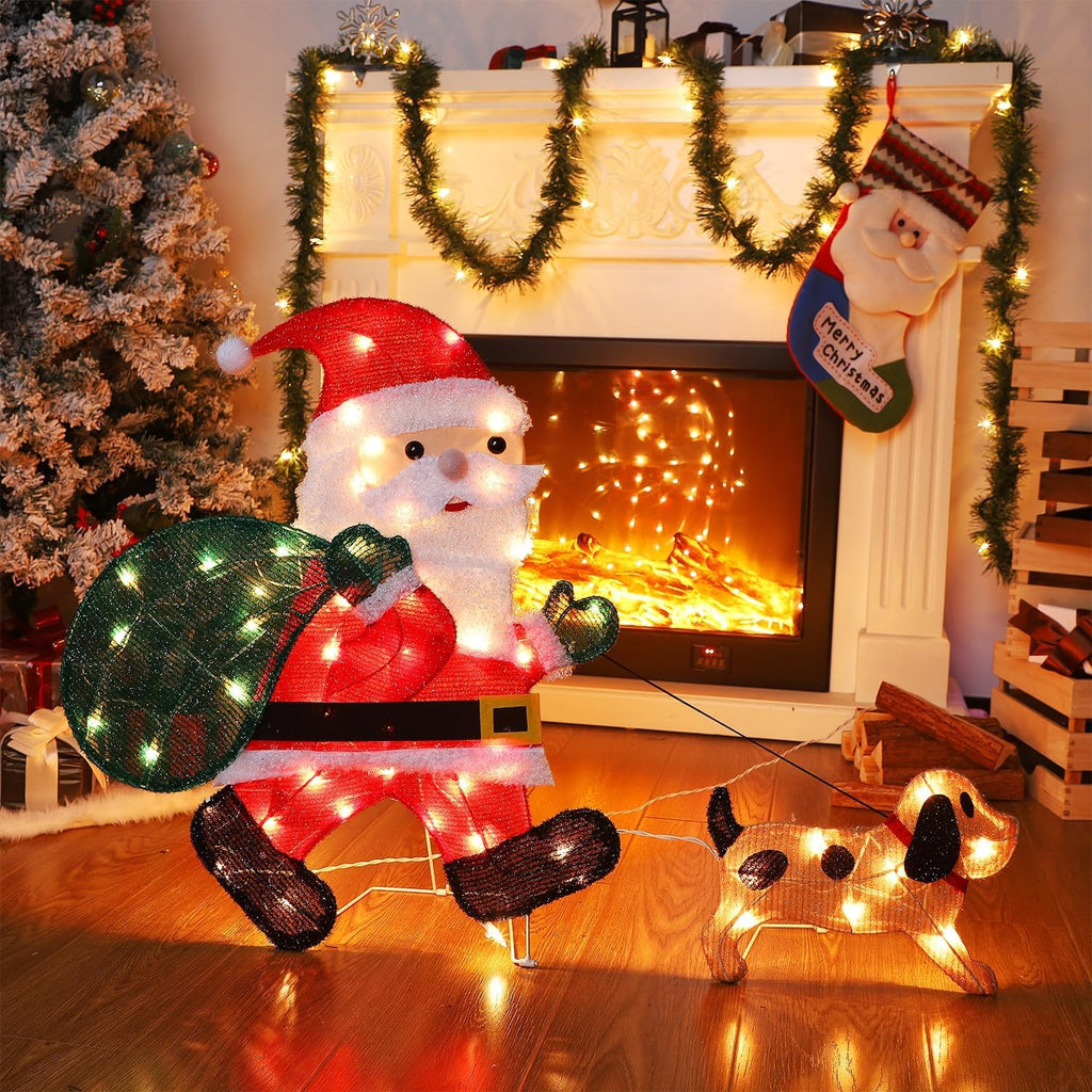 Waterglide Lighted Christmas Santa Claus with Puppy - 26.5 Inch Pre-Lit 2D Tinsel Outdoor Decor for Festive Holiday Display