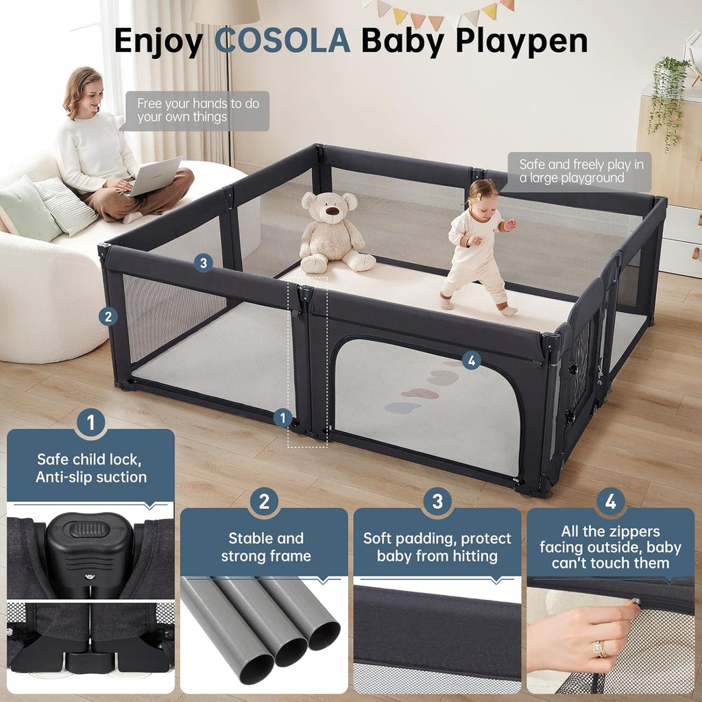 Skiennix Large Baby Playpen - Adjustable 79x71 Inch Indoor & Outdoor Foldable Play Yard | Black Mesh Safety Design