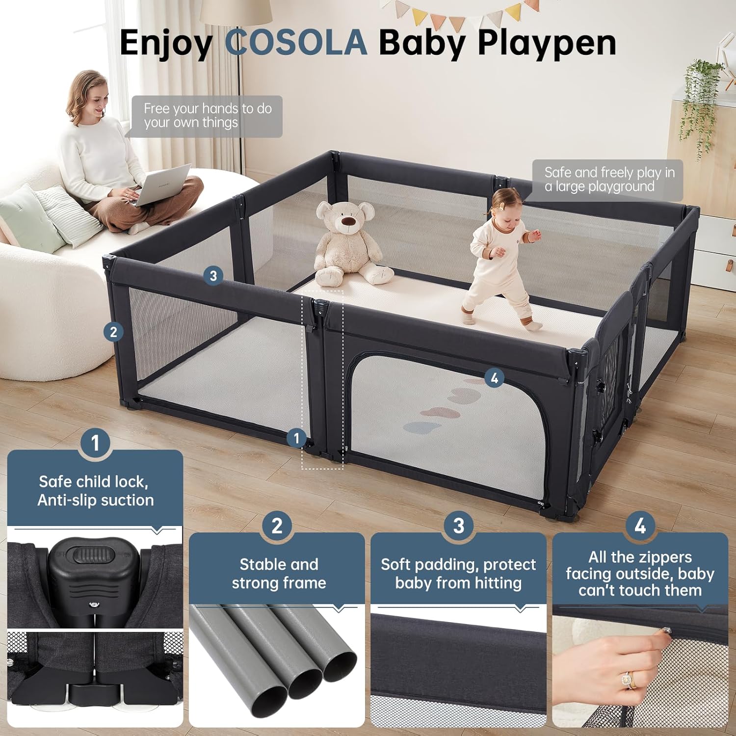 Skiennix Large Baby Playpen - Adjustable 79x71 Inch Indoor & Outdoor Foldable Play Yard | Black Mesh Safety Design