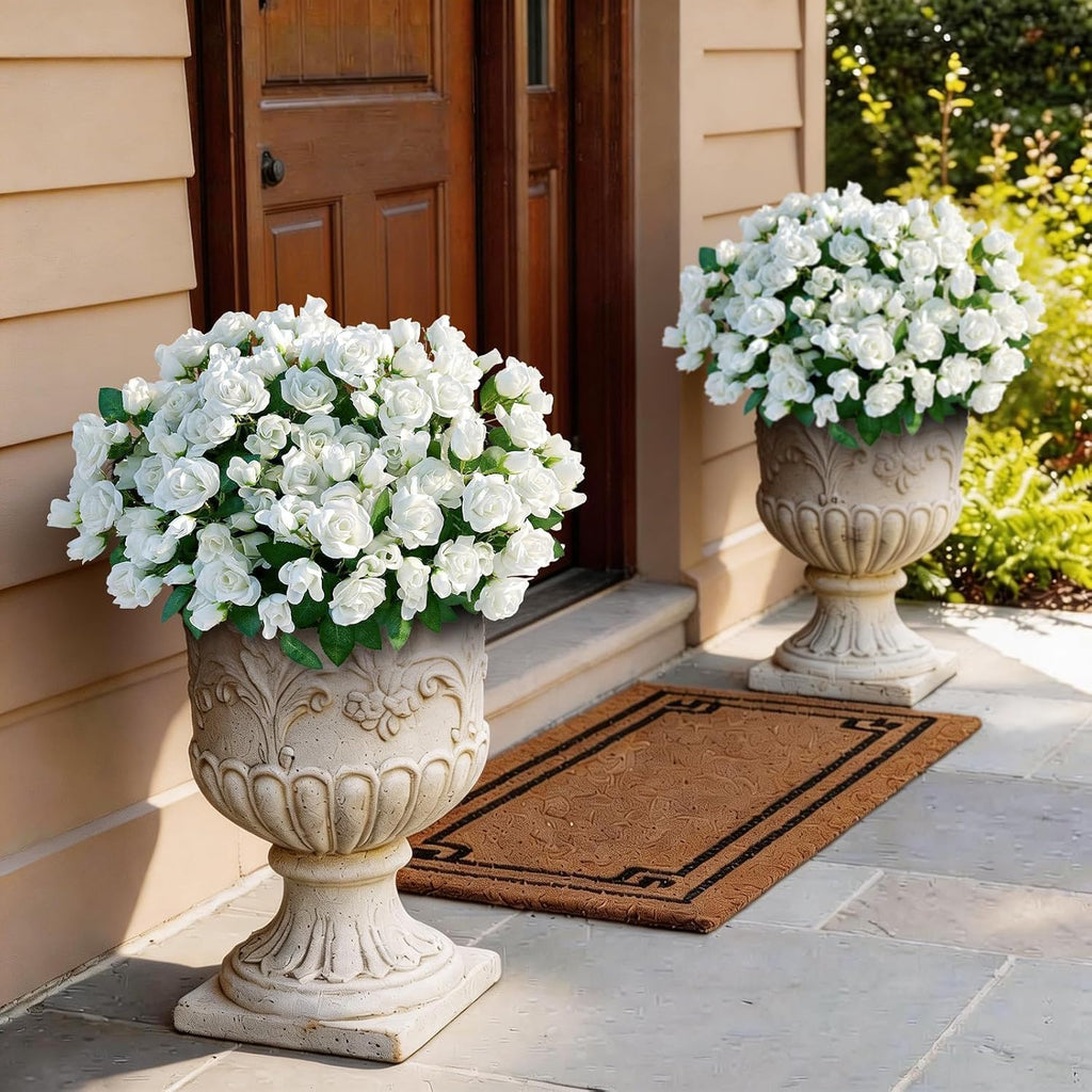 Skiennix Artificial Roses - Realistic Faux Silk Bouquets for Outdoor Decor | 8 Bundles in White