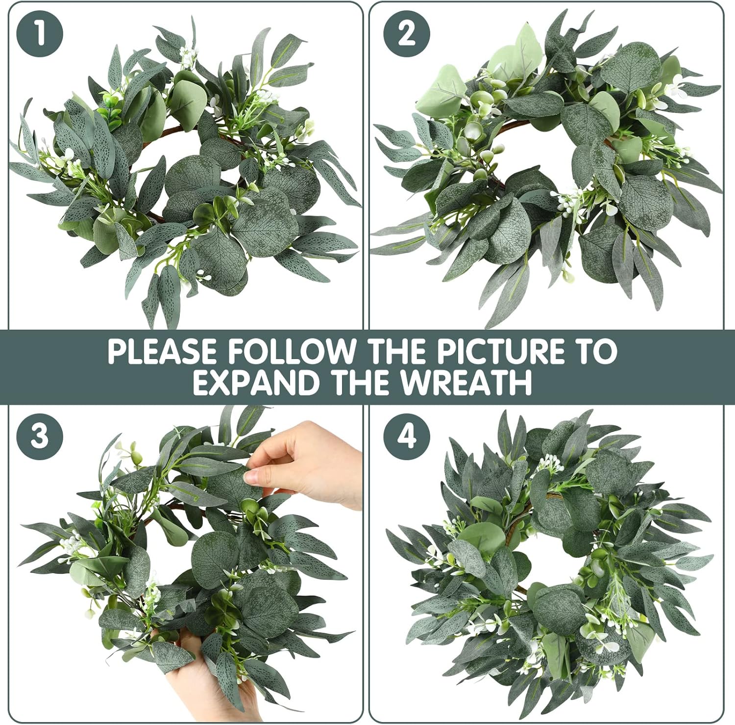Thinkday Eucalyptus Candle Ring Set - 4 Inch Mini Artificial Wreaths for Home Decor | Green Floral Centerpieces