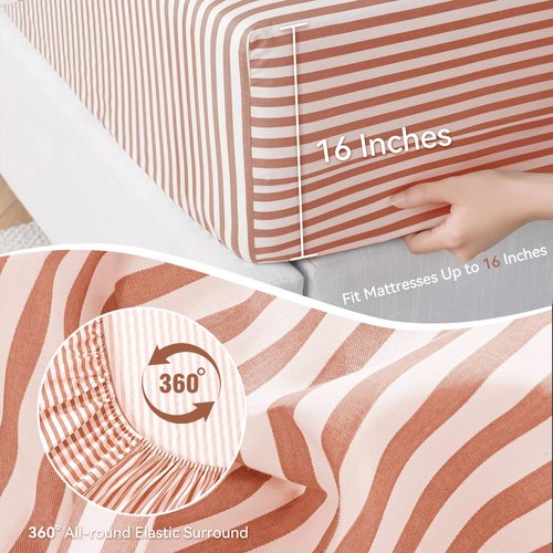 JELLYMONI 100% Cotton Bed Sheets Set – Pink and White Stripes, Twin Size, Soft Bedding with Deep Pocket Fitted Sheet, Flat Sheet & Pillowcase