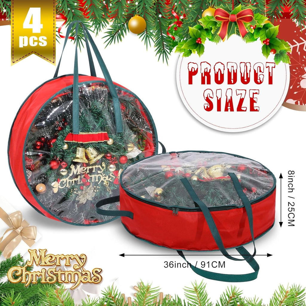 Shappy Wreath Storage Bag - 4 Pcs Red Clear Window Containers with Handles | 36 Inch Holiday Garland