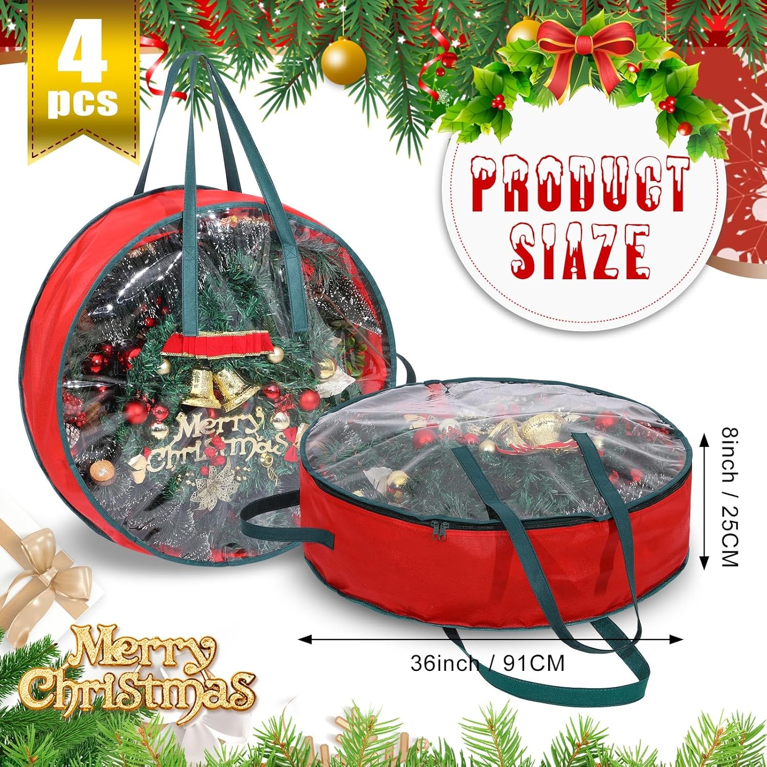 Shappy Wreath Storage Bag - 4 Pcs Red Clear Window Containers with Handles | 36 Inch Holiday Garland