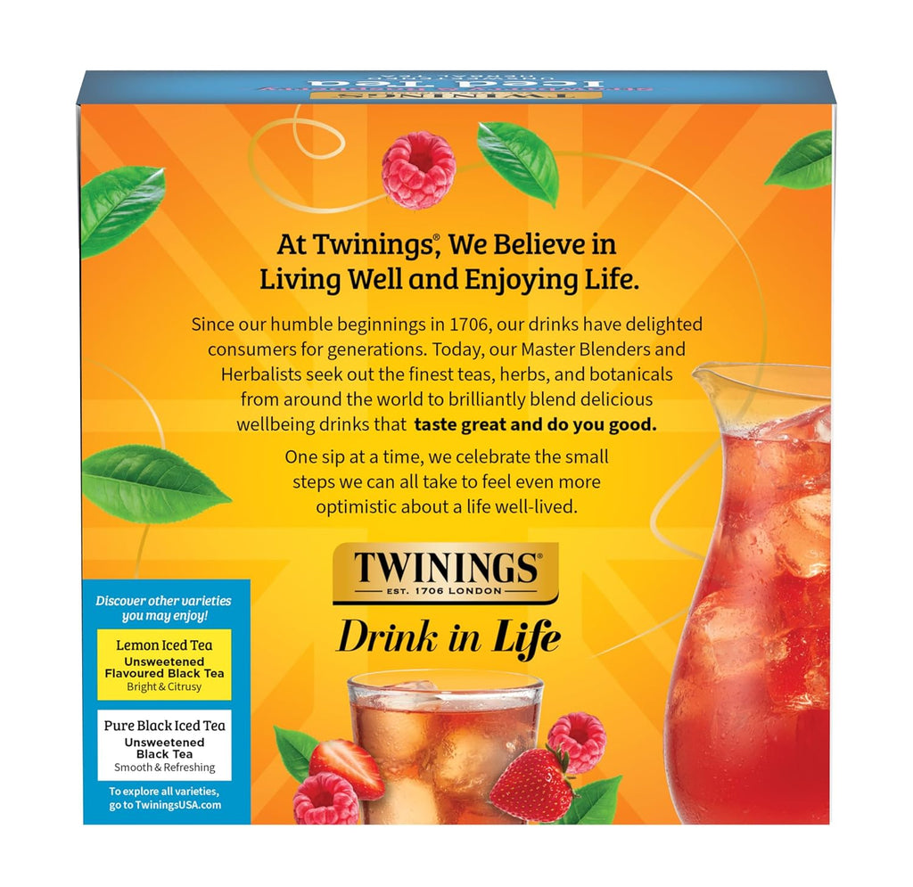 Twinings Strawberry & Raspberry Herbal Iced Tea - 72 Oversized Tea Bags, Unsweetened & Caffeine-Free