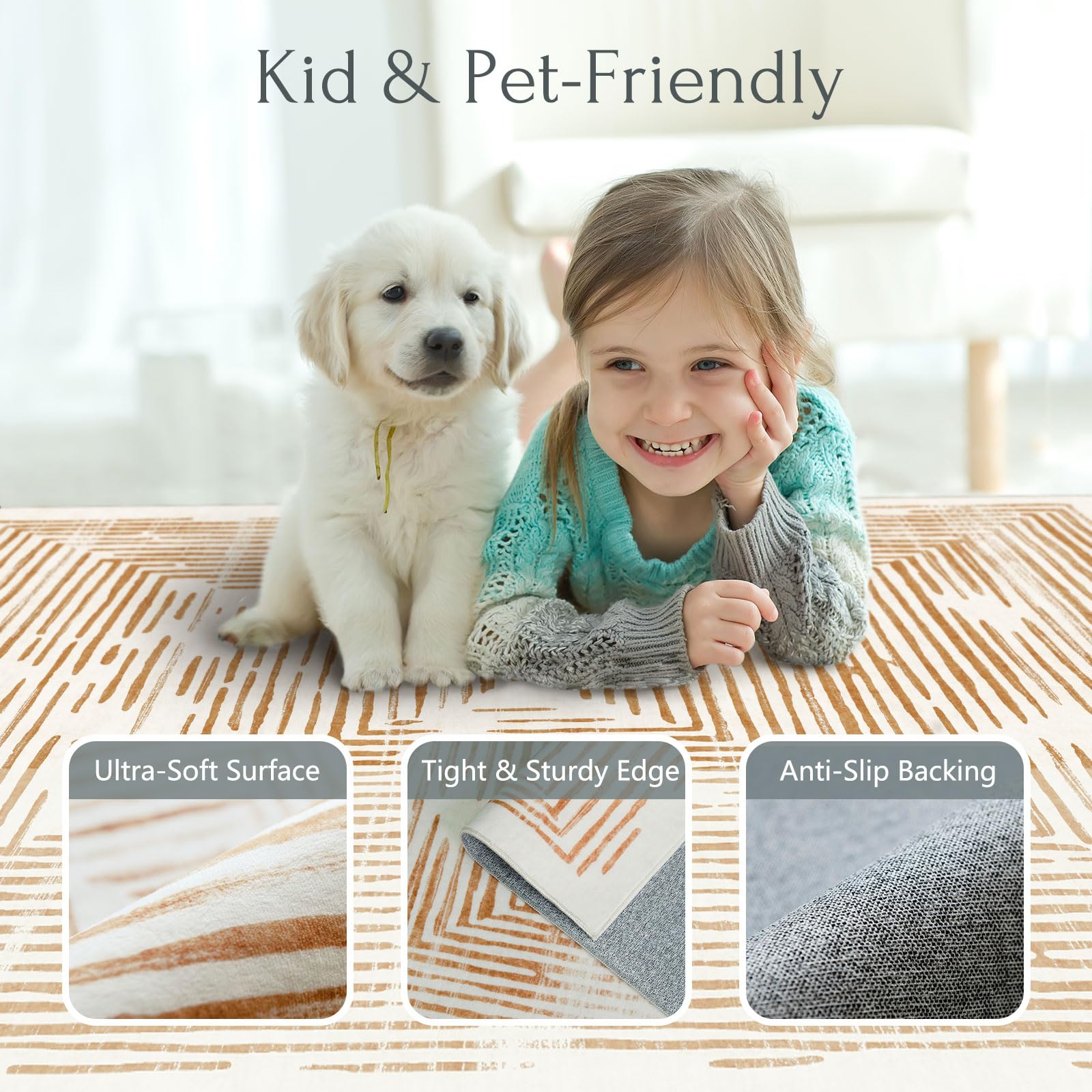 BLISSA Washable 5x7 Area Rugs - Soft Modern Throw Rug for Living Room Non-Slip Ultra-Thin Orange Lines Borderd Abstract Carpet for Bedroom Dining Room Rugs for Under Table Foyer Nursery Home Decor