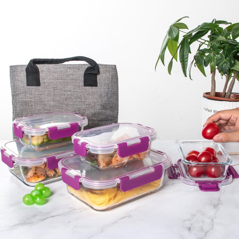 C CREST 10 Pack Meal Prep Glass Containers with Locking Lids - 5x 32oz + 5x 12oz - Ideal for Food Storage