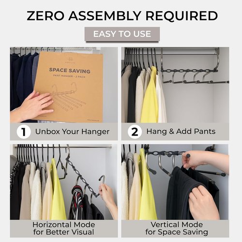 MORALVE Space-Saving Pants Hangers - Non-Slip Multi-Layer Design - 4 Pack for Closet Storage (Black)