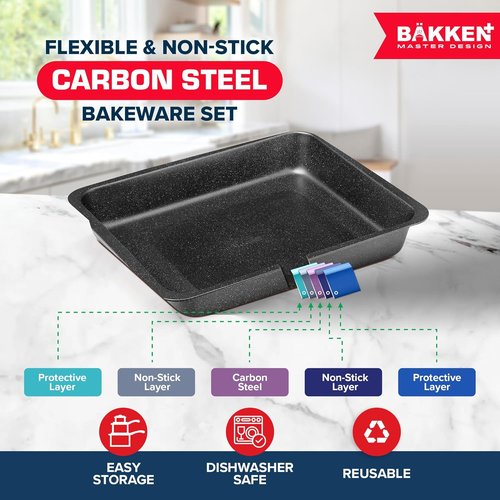 BAKKEN 6-Piece Baking Pan Set | Commercial Grade Carbon Steel, Nonstick & Stackable Design, Oven Safe Up to 450°F, Gray Marble