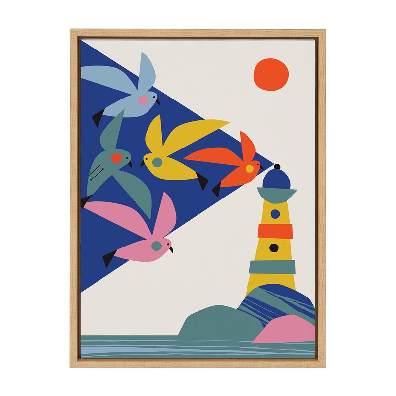 Kate and Laurel Sylvie Lighthouse Birds Framed Canvas Wall Art by Rachel Lee of My Dream Wall, 18x24 Natural, Colorful West Coast Art