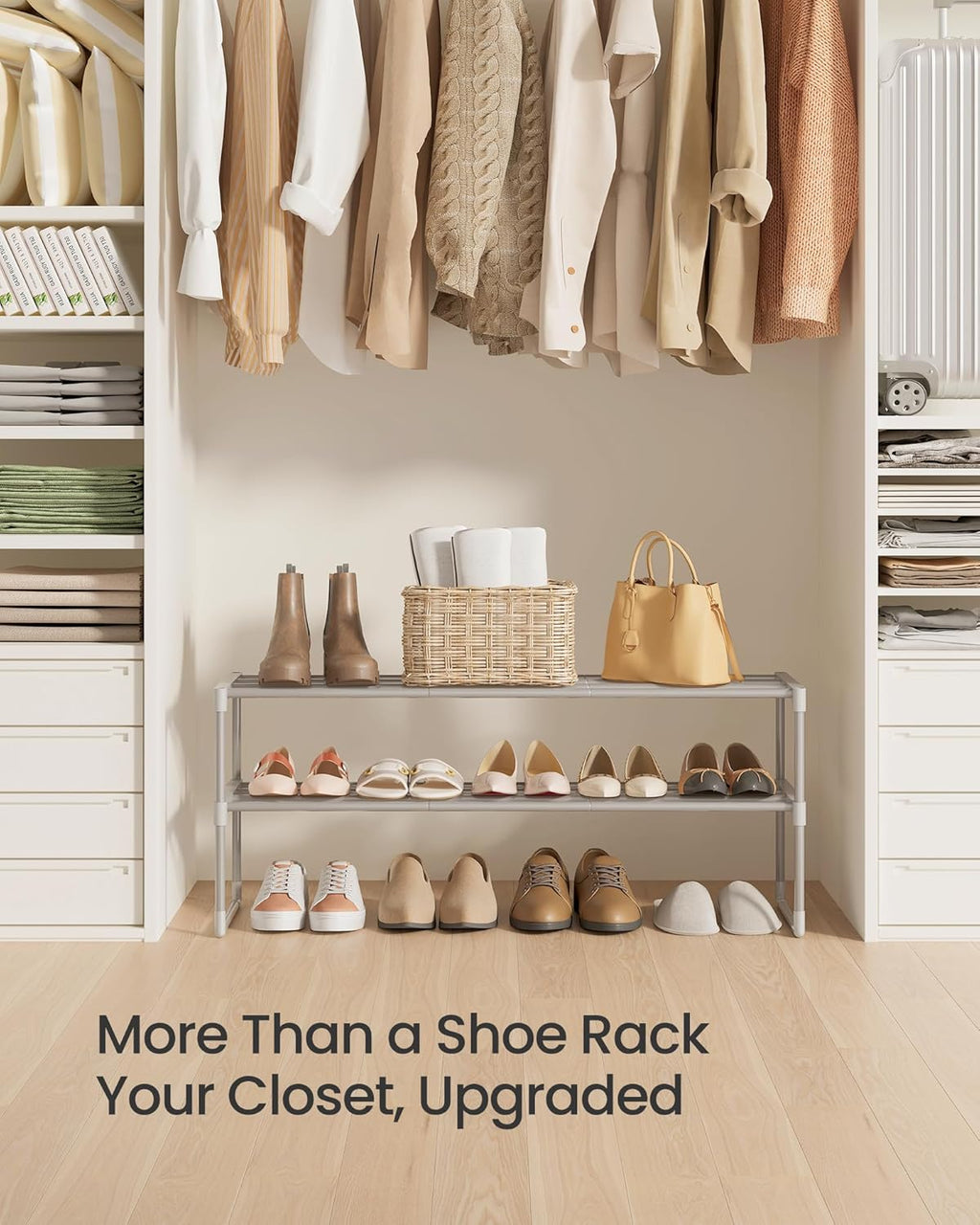 SONGMICS 2-Tier Shoe Rack - Stackable Metal Organizer for 12-15 Pairs | Gray, 11.8 x 36.2 x 14.6 Inches