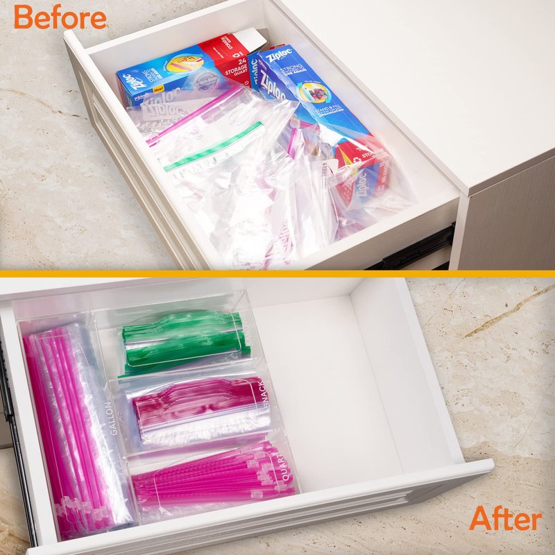Aphbrada Acrylic Bag Storage Organizer for Kitchen Drawer, Food Storage Bag Organizer Holder Compatible with Ziplock, Glad, Hefty, Gallon, Quart, Sandwich & Snack Variety Size Bag (Clear)