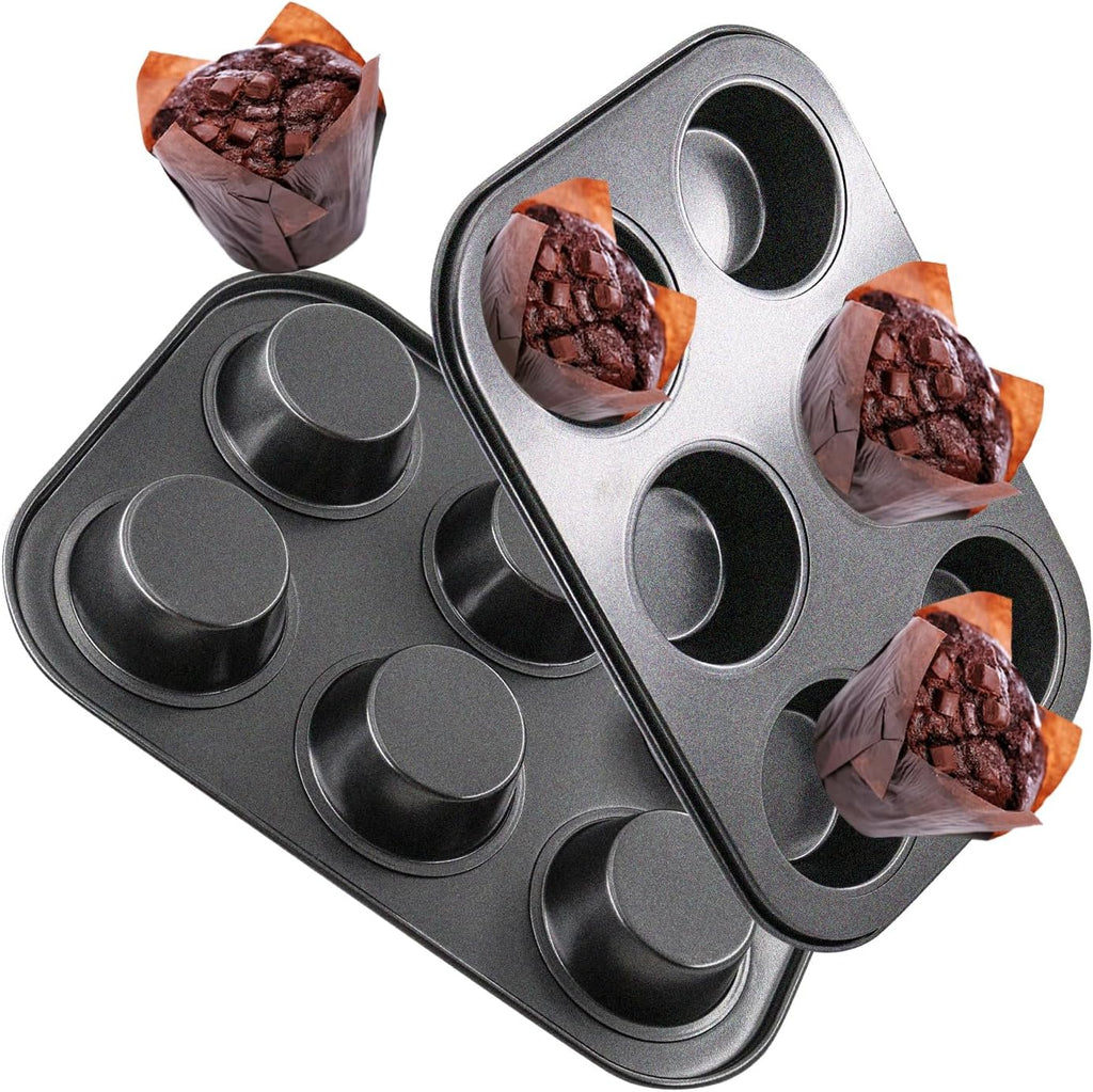 Premium Steel Muffin Baking Pan by [Brand Name] - 2 Pack Round Cupcake & Cheesecake Bakeware (6 Cups, Black)