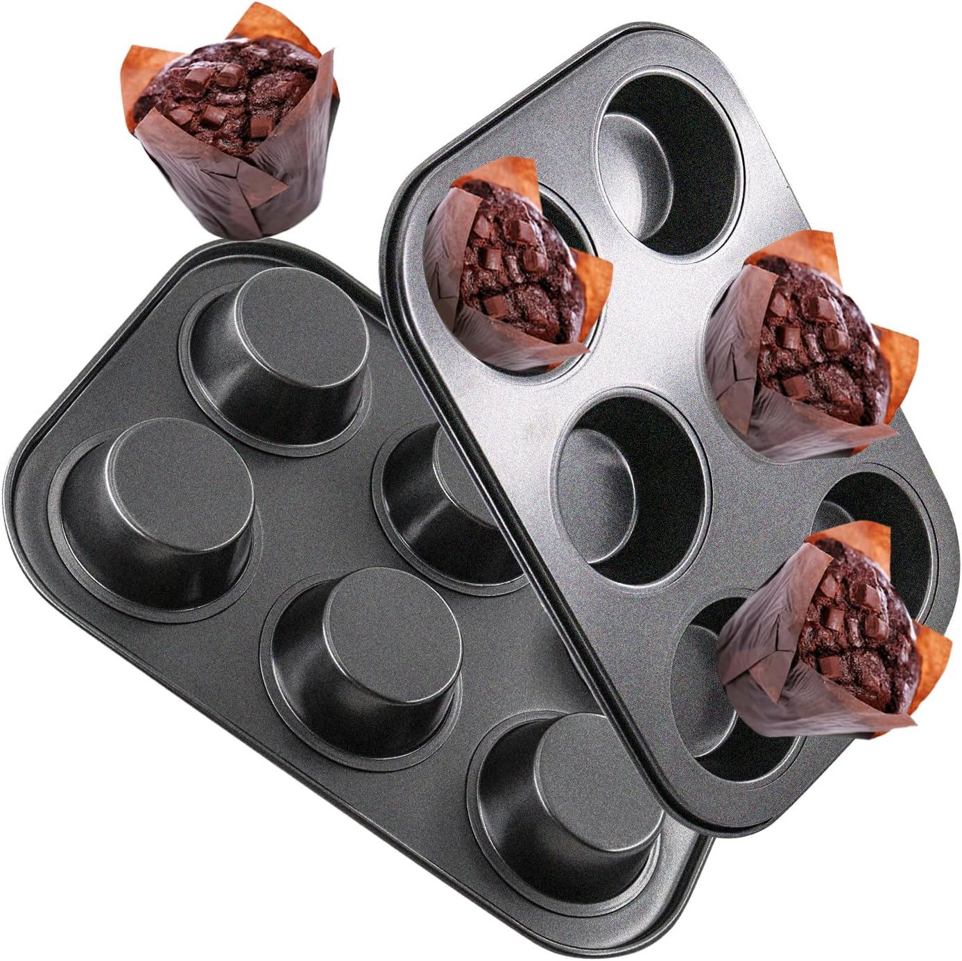 Premium Steel Muffin Baking Pan by [Brand Name] - 2 Pack Round Cupcake & Cheesecake Bakeware (6 Cups, Black)