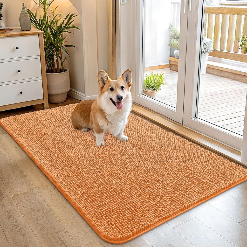 OLANLY Dog Door Mat - Absorbent Non-Slip Chenille Mat for Muddy Paws | 45x27 Inches, Quick Dry, Orange