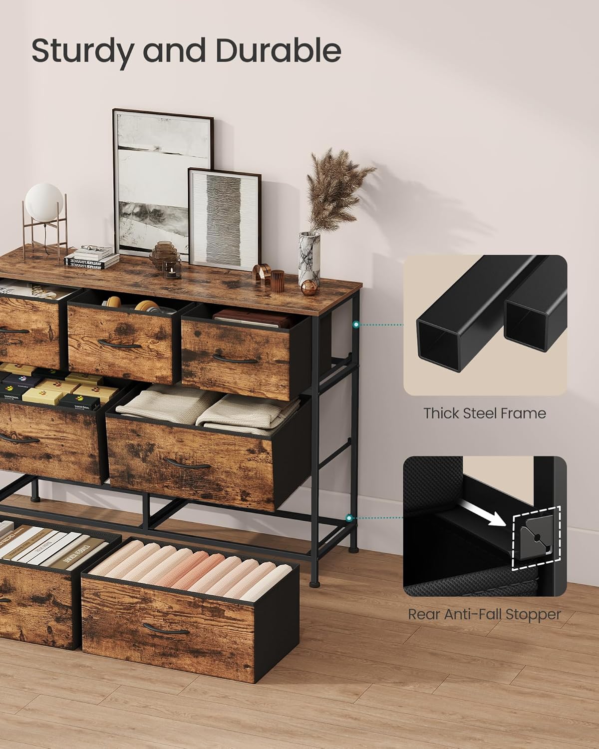 SONGMICS Dresser - 7-Drawer Storage Organizer Unit for Bedroom or Entryway - Rustic Brown & Ink Black
