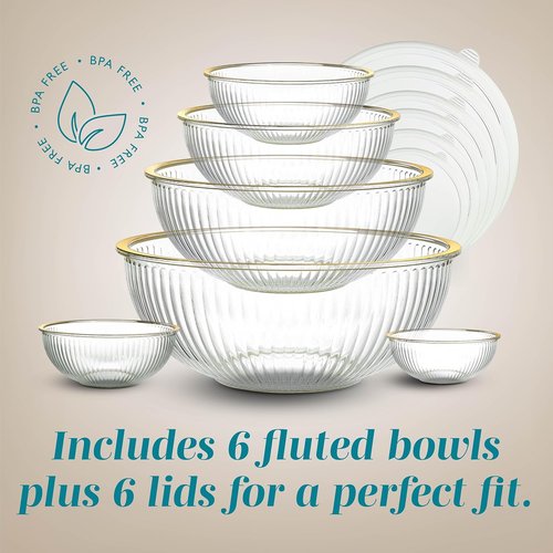 Cook With Color 12-Pc Glass Mixing Bowl Set - Borosilicate Nesting Bowls with Lids & Gold Rim
