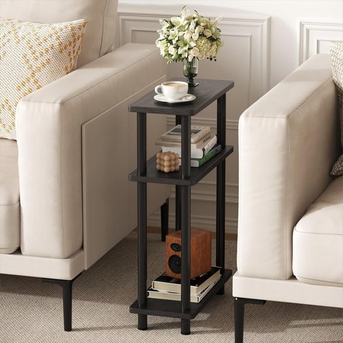 Apicizon Small Narrow Side Table - 3-Tier Slim End Table with Storage Shelf | Black Nightstand for Small Spaces