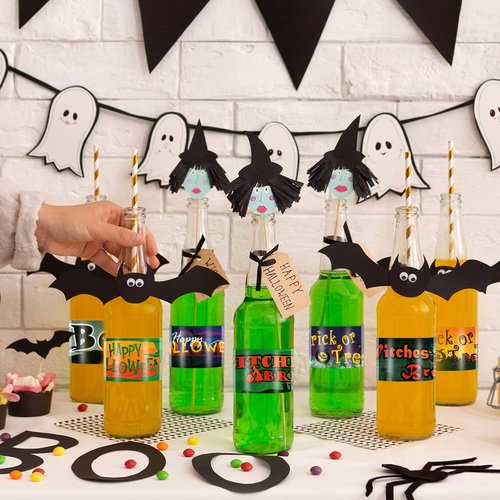 Marspark 80 Pieces Halloween Water Bottle Labels Ghost Witches Pumpkin Wrap Stickers Bottle Wrappers Halloween Party Supplies Decor Waterproof Colorful Party Water Bottle Label Sticker, 8.5 x 2 Inches