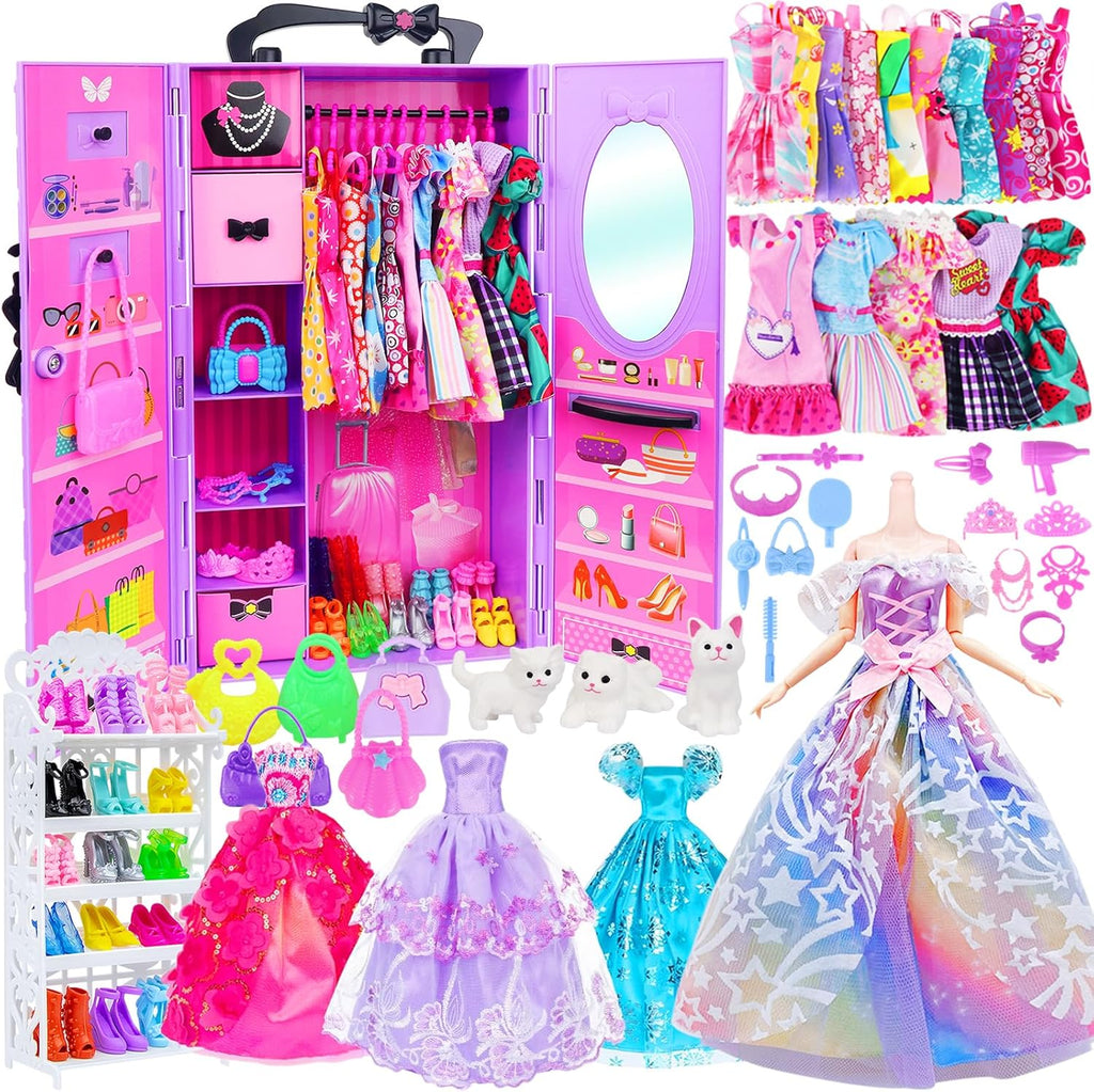 Regine Switzerland Girl Doll Clothes Closet - Stylish Wardrobe with Dresses & Shoes for 11.5-Inch Dolls