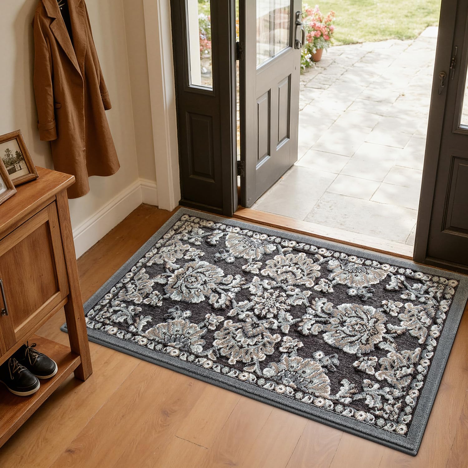 LUMI Indoor Door Mat for Entrance 36x59, Luxury Front Doormat with Non-Slip Latex Rubber Backing, Soft Washable Dirt Trapper, Flower Song (Rolled Package)