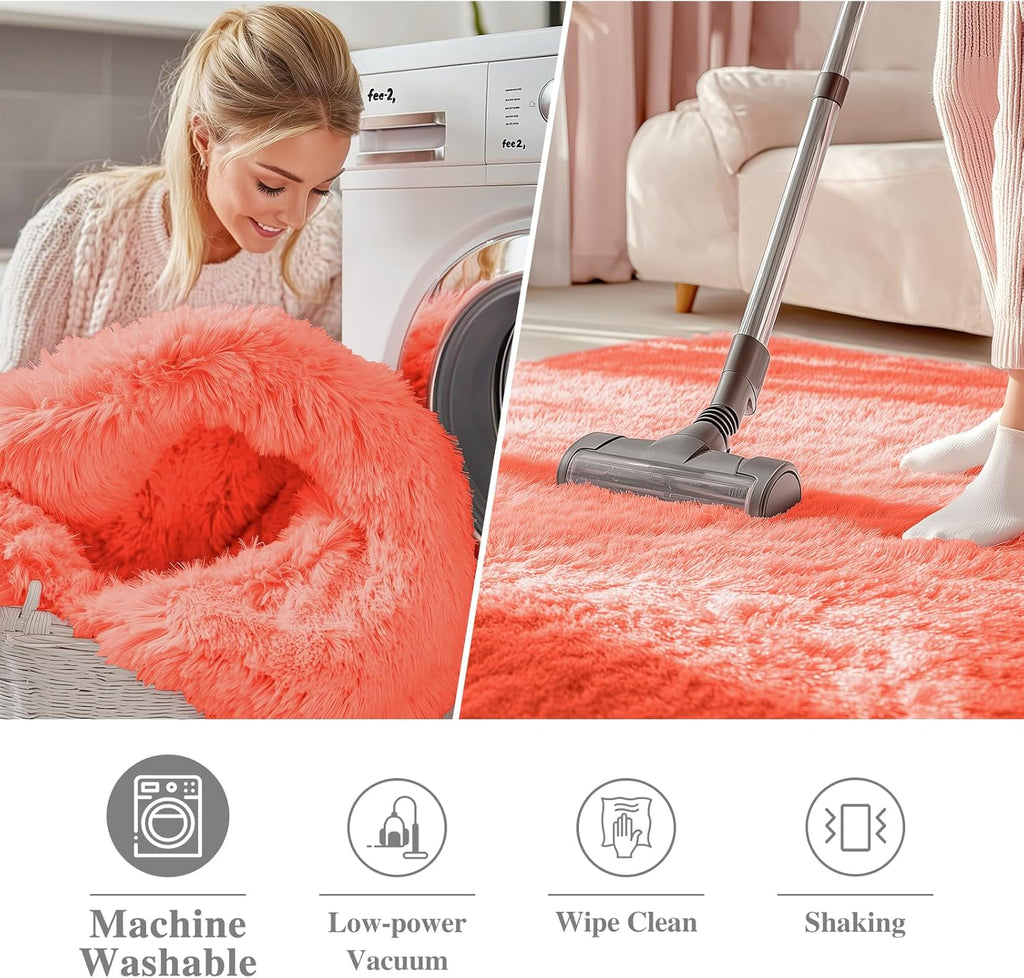 OLANLY Round Coral Red Rug - Soft, Fluffy Machine Washable 4 ft Circle Area Rug for Bedroom & Living Room Decor