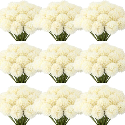 Tigeen 100 Pcs Artificial Flowers Chrysanthemum Ball Fake Flowers Lifelike Artificial Chrysanthemum Ball for DIY Wedding Bouquets Bridal Shower Table Centerpieces Home Kitchen Garden (White)