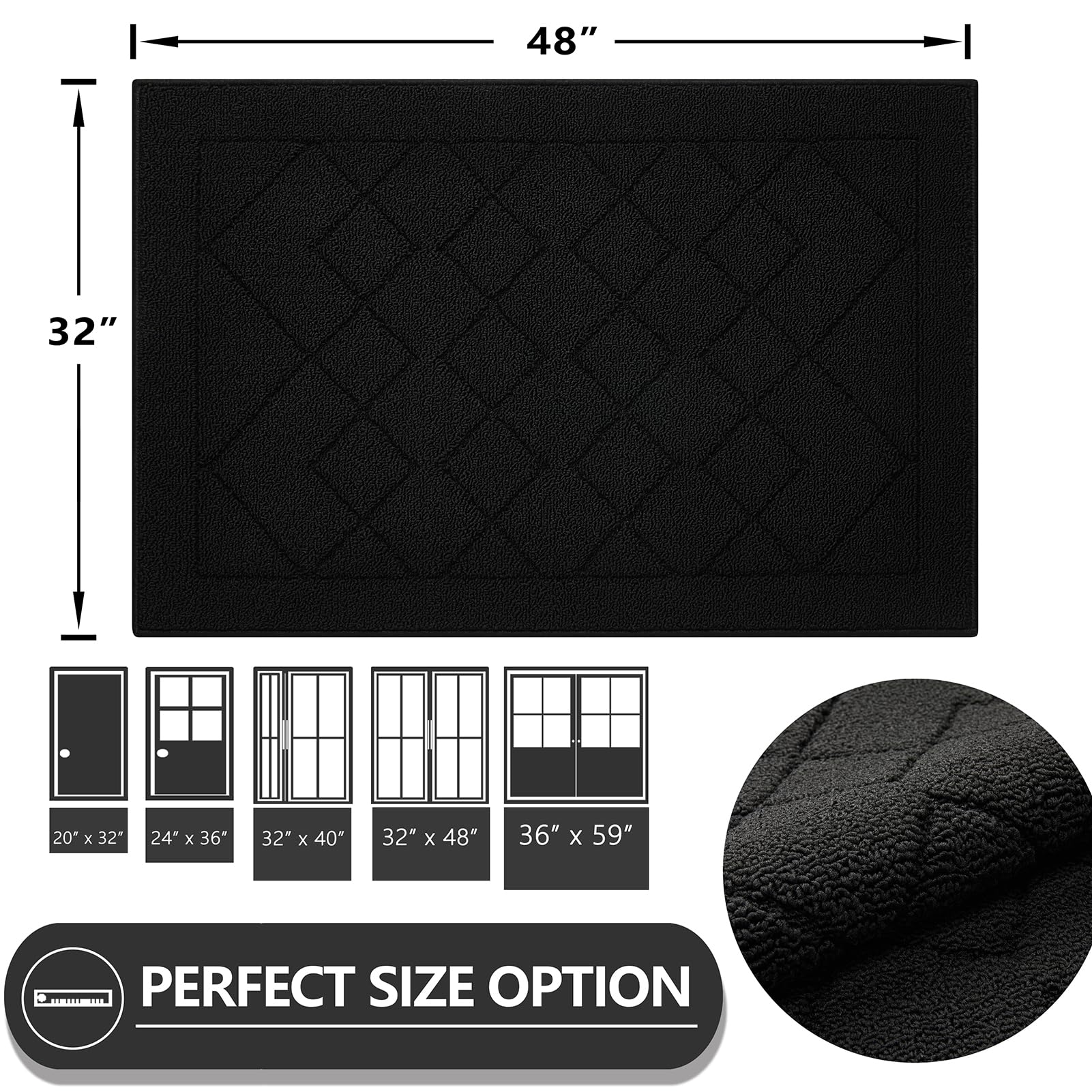 REFETONE Indoor Doormat, Front Back Door Mat 32"x48" Rubber Backing Non Slip Mats, Absorbent Washable Entrance Doormat for Entryway, Resist Dirt Low-Profile Inside Floor Mat for Muddy Shoes, Black