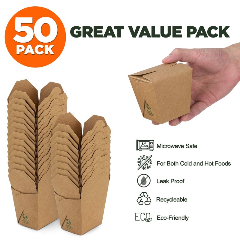 Fit Meal Prep 50 Pack 32 oz Chinese Take Out Boxes - 4.5x4” Plain Kraft Paperboard Food Containers, Leak and Grease Resistant Quart Size Asian Rectangle To Go Boxes, Candy Buffet Box and Party Favors