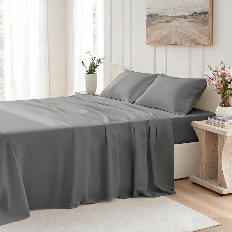 USXIBEI Queen Size 4 Piece Sheet Set - Comfy Breathable & Cooling Bed Sheets Set, Soft and Wrinkle Free, Deep Pockets, Easy & Secure Fit, Hotel Luxury Bedding for Women, Men - Oeko-Tex - Dark Grey