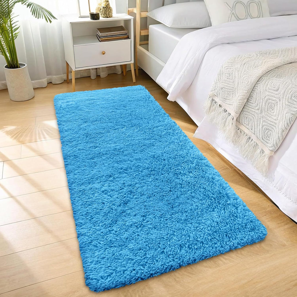 OLANLY Soft Fluffy 2x6 Machine Washable Runner Rug - Bright Blue Shaggy Carpet for Bedroom & Hallway