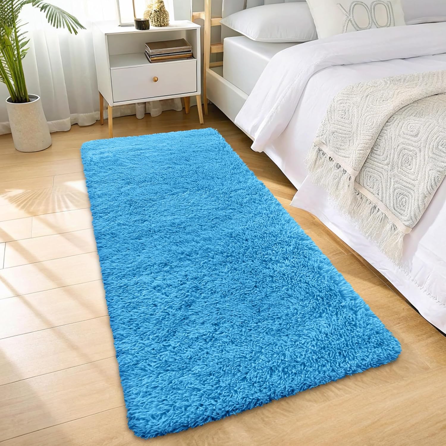 OLANLY Soft Fluffy 2x6 Machine Washable Runner Rug - Bright Blue Shaggy Carpet for Bedroom & Hallway
