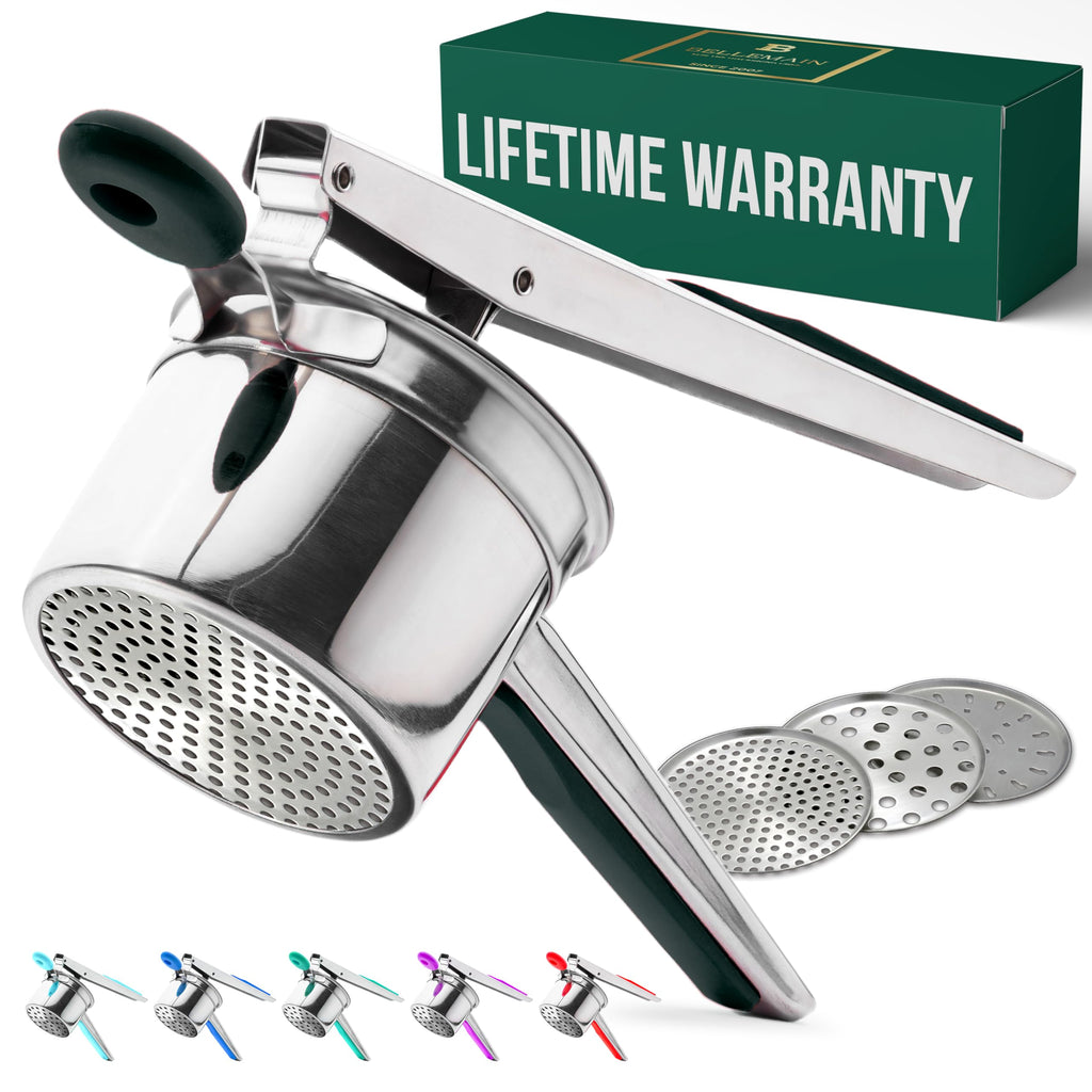 Bellemain 15 oz Large Potato Ricer | Heavy-Duty Stainless Steel Potato Ricer & Masher | Perfect for Mashed Potatoes | Kitchen Tool with 3 Interchangeable Discs (Black)