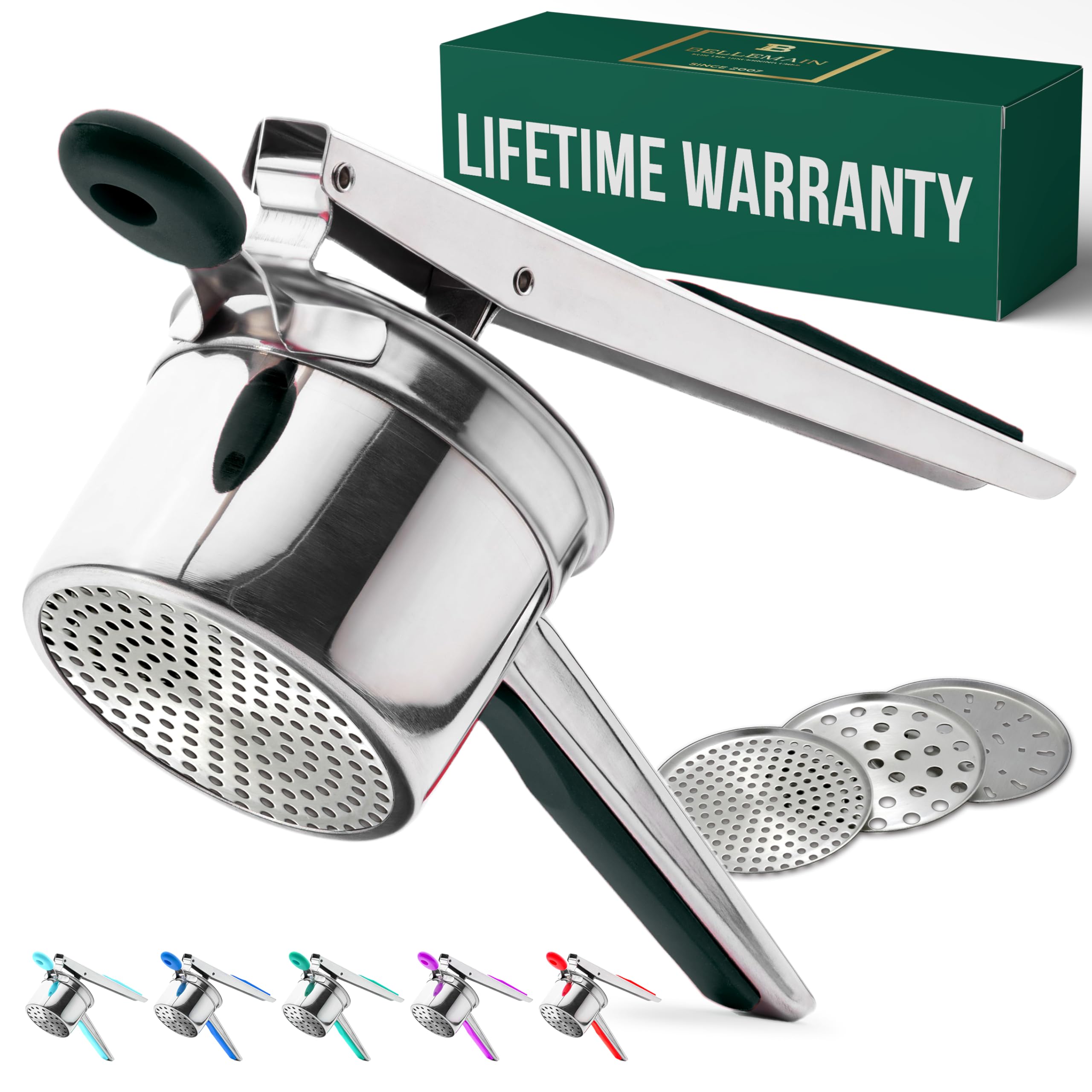 Bellemain 15 oz Large Potato Ricer | Heavy-Duty Stainless Steel Potato Ricer & Masher | Perfect for Mashed Potatoes | Kitchen Tool with 3 Interchangeable Discs (Black)