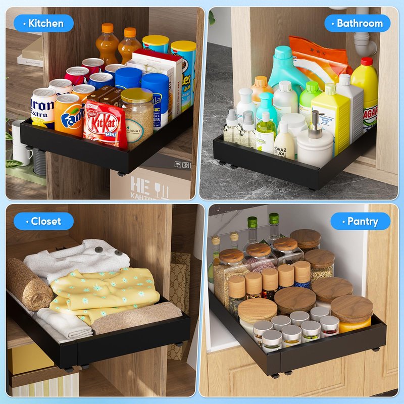 Pull Out Cabinet Organizer,Expandable(12.5"-20.6"W) Heavy Duty Slide Out Drawers Fixed with Adhesive Nano Film No Drill,Roll Out Cabinet Drawers for Kitchen,Bathroom,Pantry,16.5" Deep Black 2PC