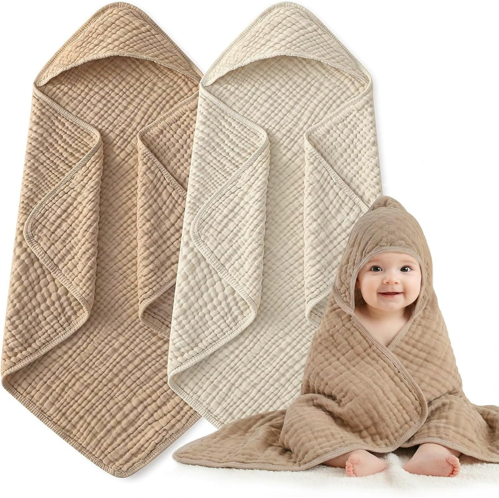 Skiennix Hooded Baby Bath Towels - 6-Layer 100% Muslin Cotton, Soft & Absorbent, Large 32x32 Inch, 2 Pack