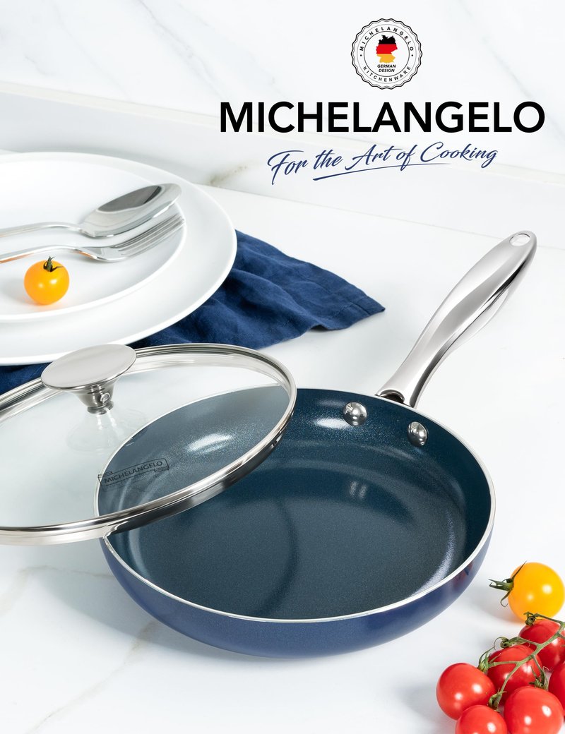 MICHELANGELO Small Frying Pan - 8 Inch Nonstick Frying Pan with Lid, Non-Toxic Omelette Pan with Stainless Handle, Nonstick Skillet, Blue-Ceramic