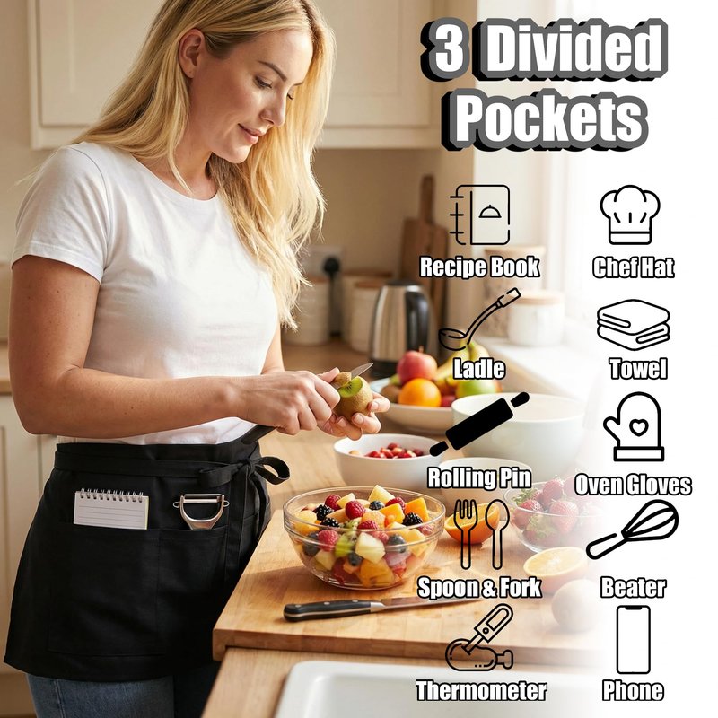 TOSHE Waist Apron with 3 Pockets Waterdrop Resistant Premium Cotton Waitress Apron 10 Color Option Server Apron Chef Apron (3 Pack - Black)