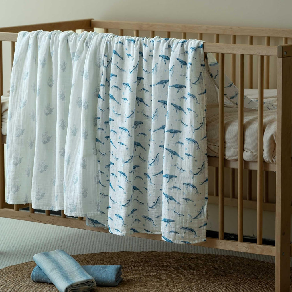 Skiennix Muslin Swaddle Blankets - 4 Pack Cotton Baby Blankets for Boys | Large 31.5 x 43.3 Soft & Breathable Blue Whale Design