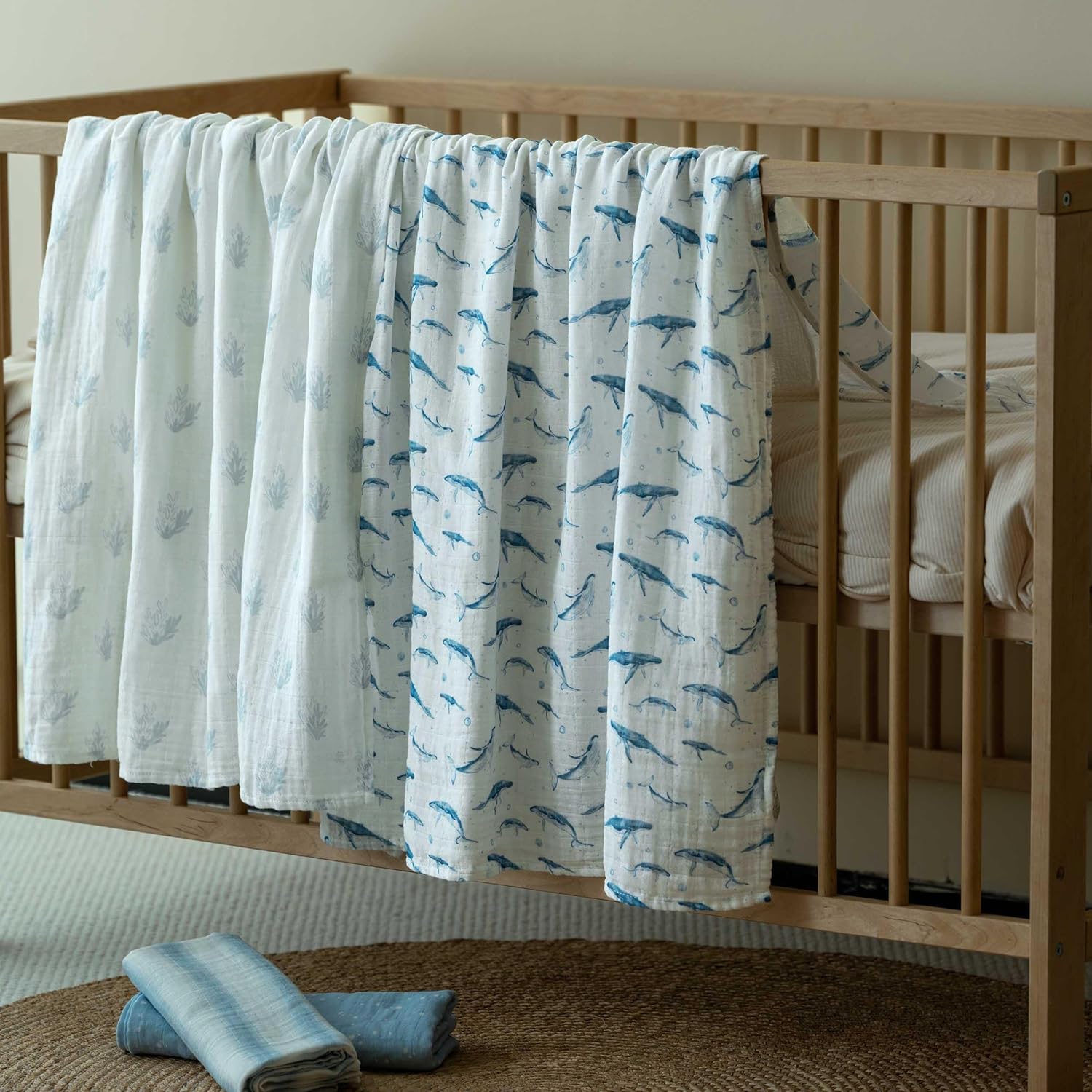 Skiennix Muslin Swaddle Blankets - 4 Pack Cotton Baby Blankets for Boys | Large 31.5 x 43.3 Soft & Breathable Blue Whale Design