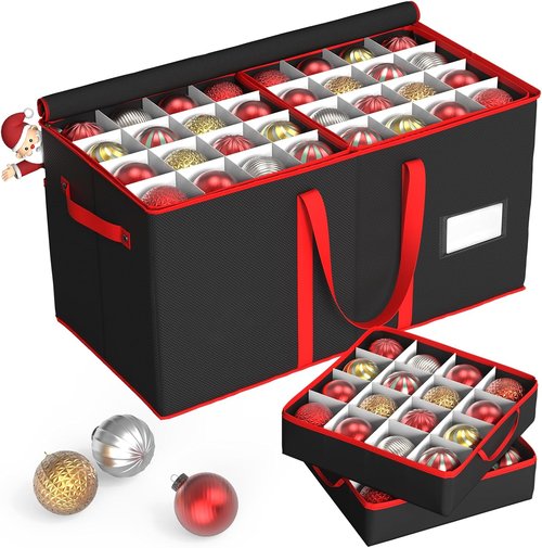 Kesfitt Christmas Ornament Storage Box - Large Organizer for 128 Ornaments with Dividers & Pockets (Black)