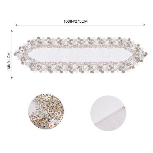Winotic White Beige Floral Lace Table Runner Dresser Scarf 108 inches Long for Kitchen Dining Coffee Table Parties Wedding Home Decor (White, 16” x 108”)