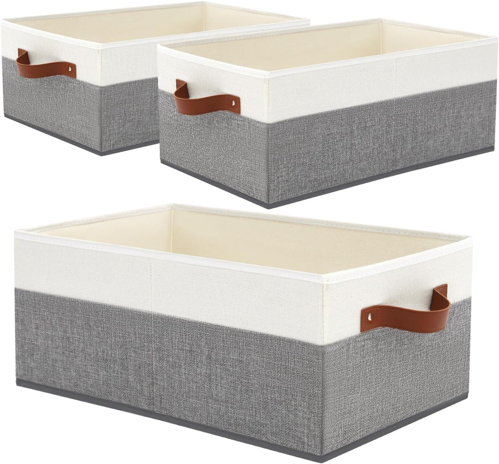 Skiennix Large Capacity Storage Bins - Fabric Closet Organizers with Leather Handles | 3 Pack (Grey)
