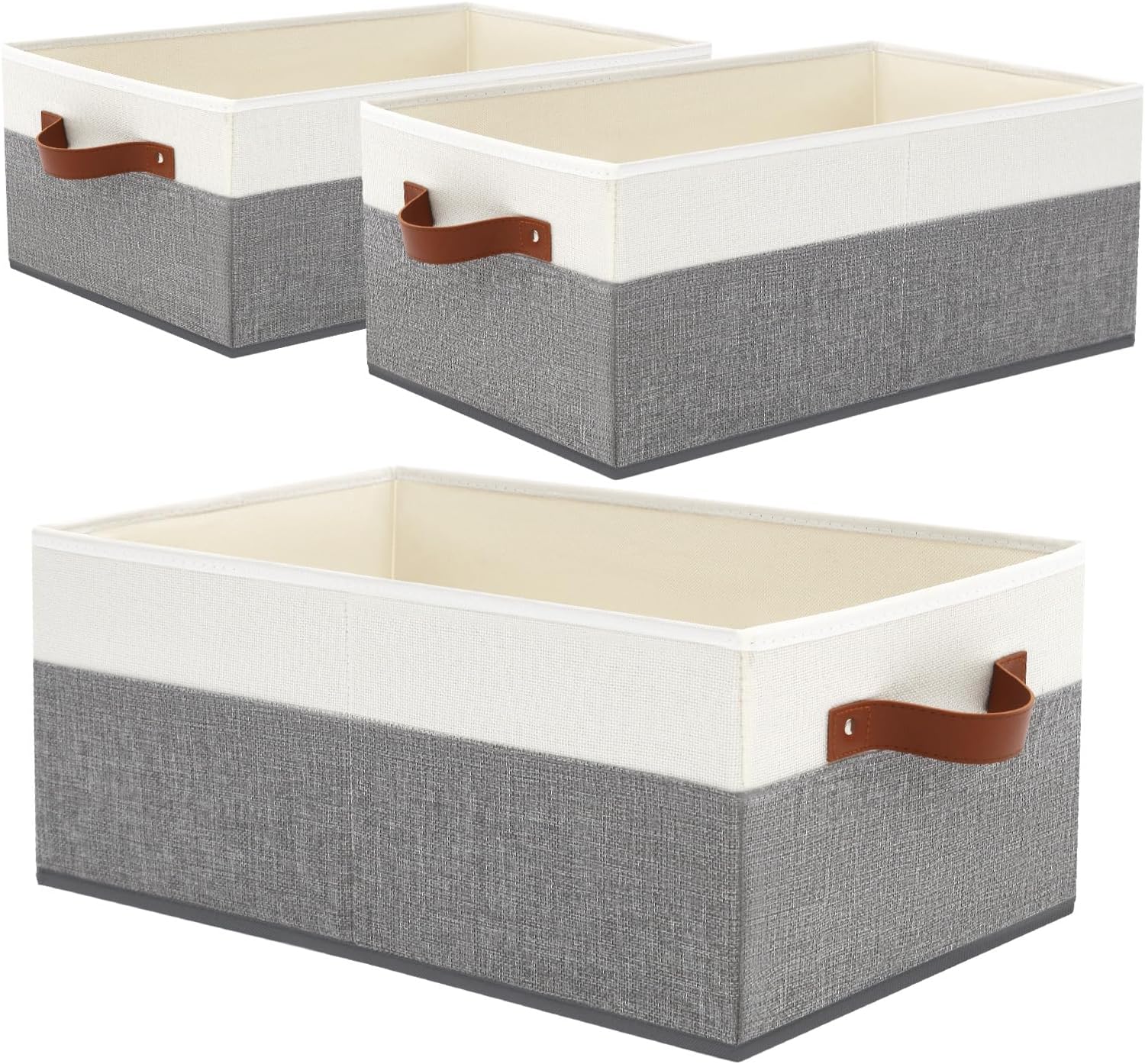 Skiennix Large Capacity Storage Bins - Fabric Closet Organizers with Leather Handles | 3 Pack (Grey)