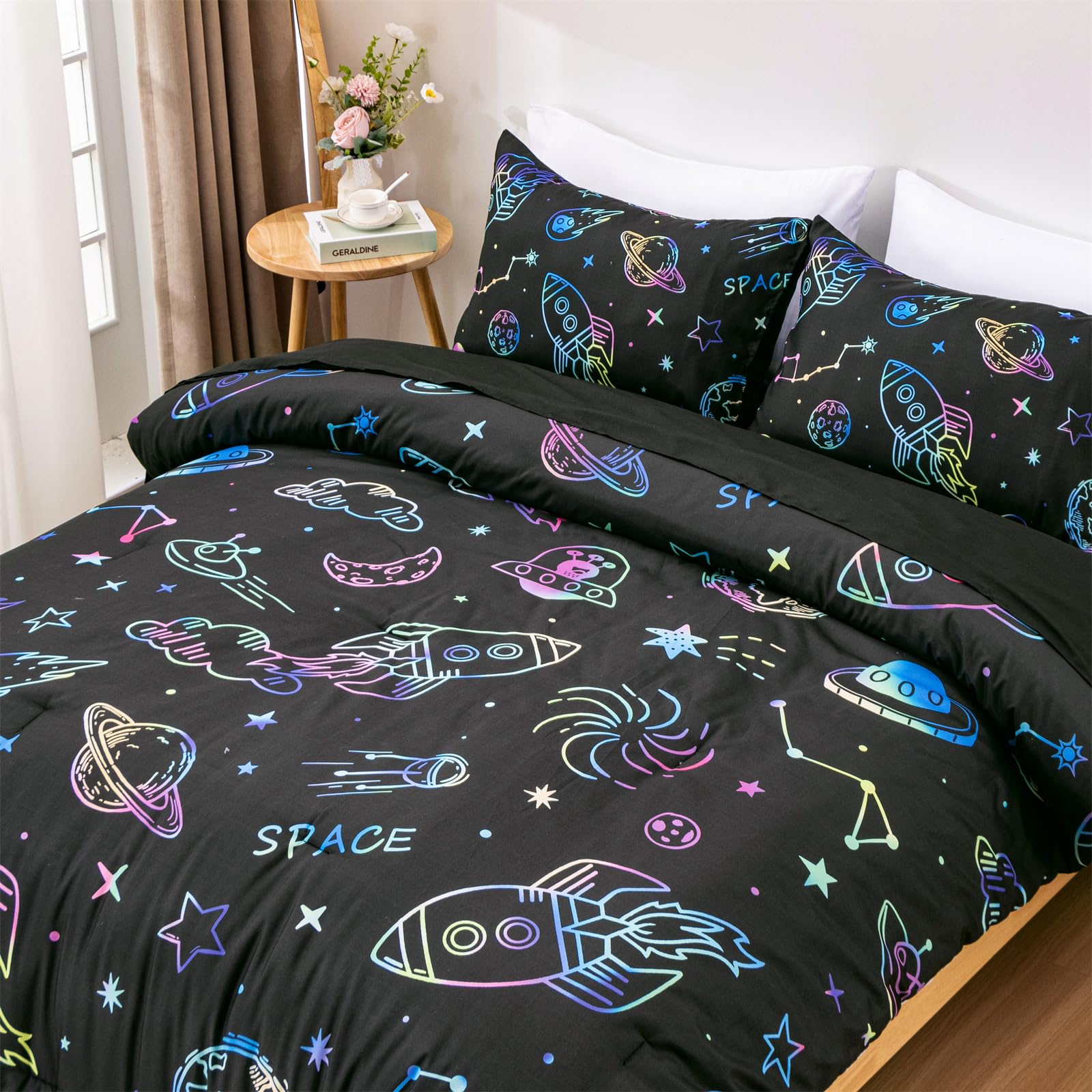 Aimuan Space Comforter Twin Set Kids Rocket Bedding Set Super Soft & Cute Aliens UFO Printed for Boys Girls Teen (Black, Full 5Pcs)