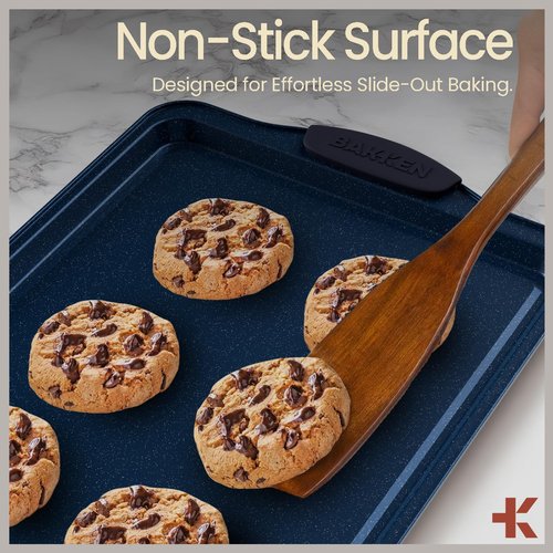 BAKKEN Kitchen Baking Pan Set - Nonstick Coating, Carbon Steel Bakeware Sets with Blue Silicone Handles, Baking Kitchen Essentials, PFOA, PFOS, PTFE Free, Oven Safe Tray (Up To 450° F), Set of 3