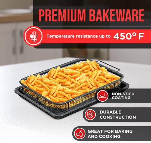 Bakken Swiss Crisper Tray - 2-Piece Non-Stick Set for Healthier Cooking | Gray Marble Design